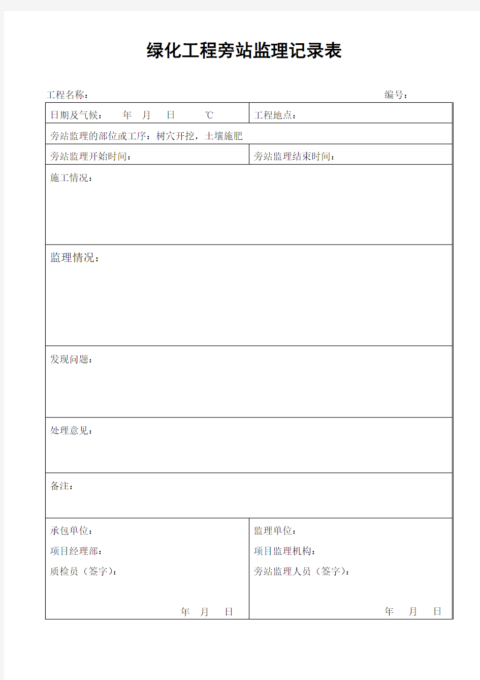 绿化工程旁站监理记录表