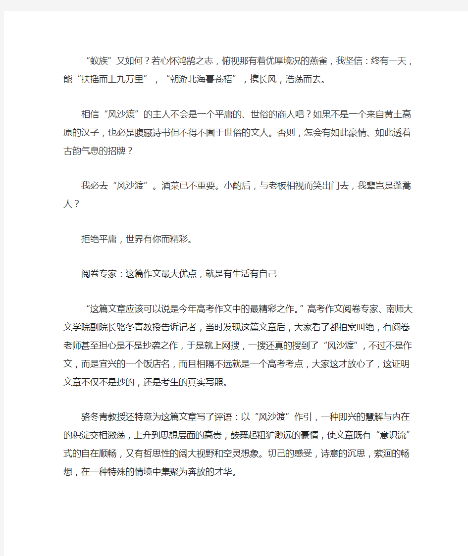 2011年江苏省高考满分作文《拒绝平庸—风沙渡》