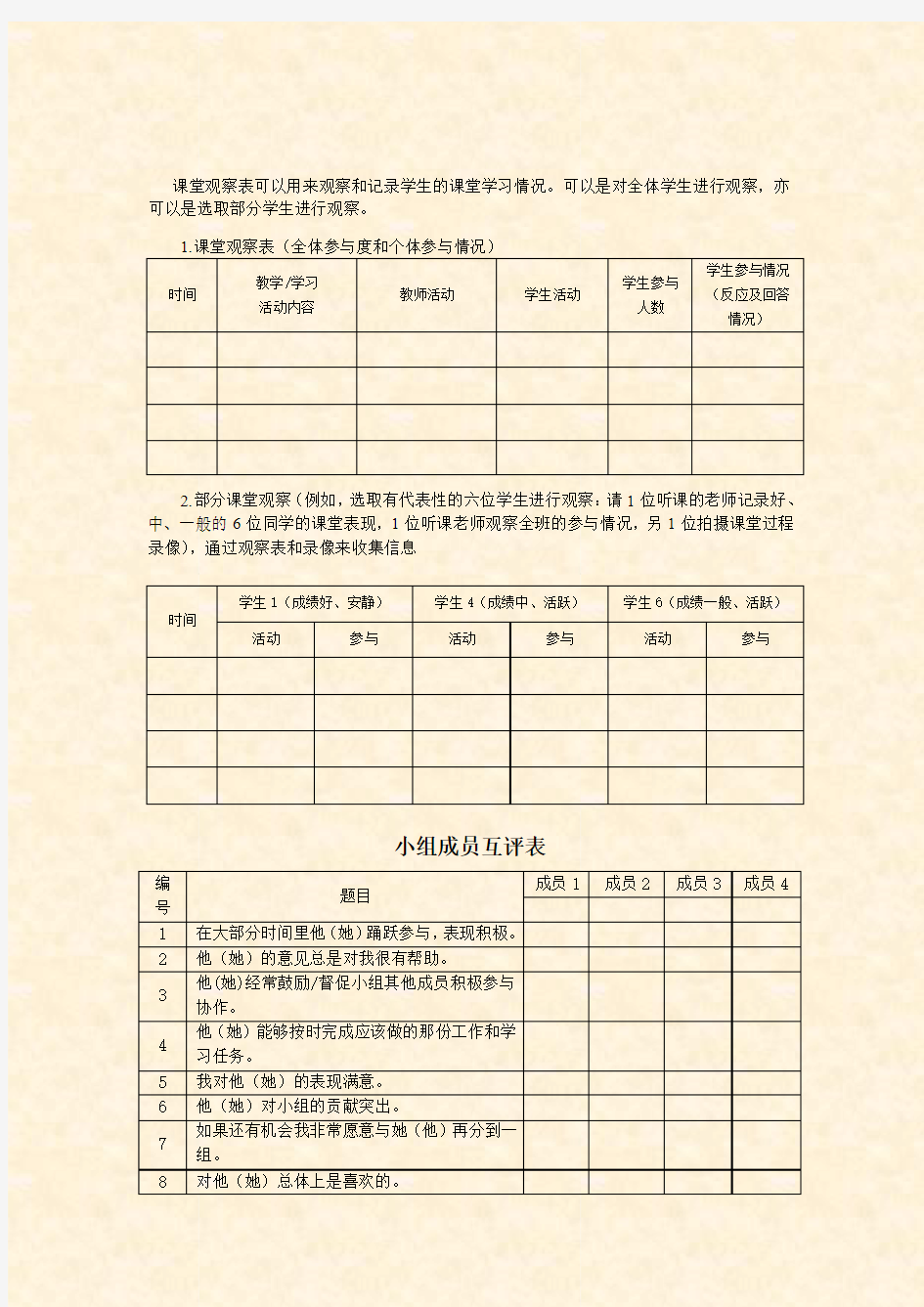 学生课堂各种活动评价量规样表