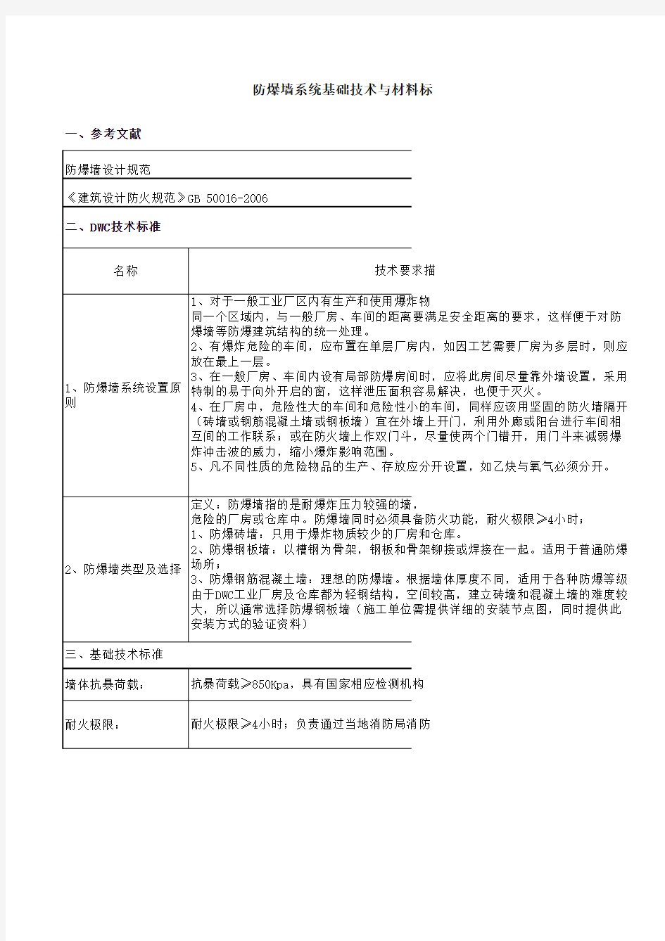 防爆墙基本技术及材料标准