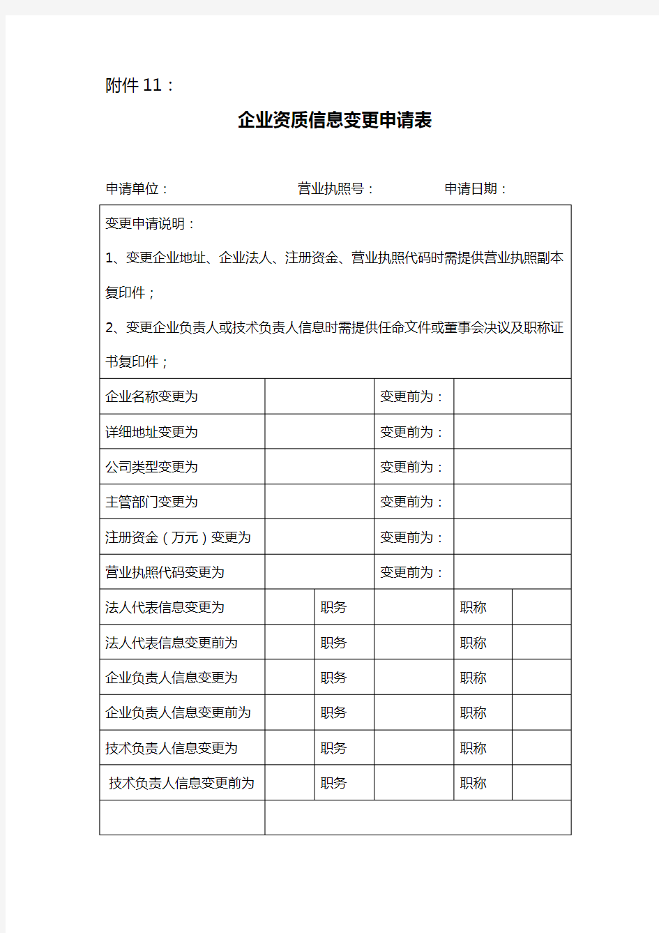 企业资质信息变更申请表