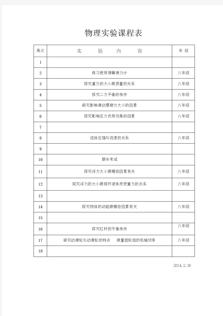 八年级物理实验下册课程表