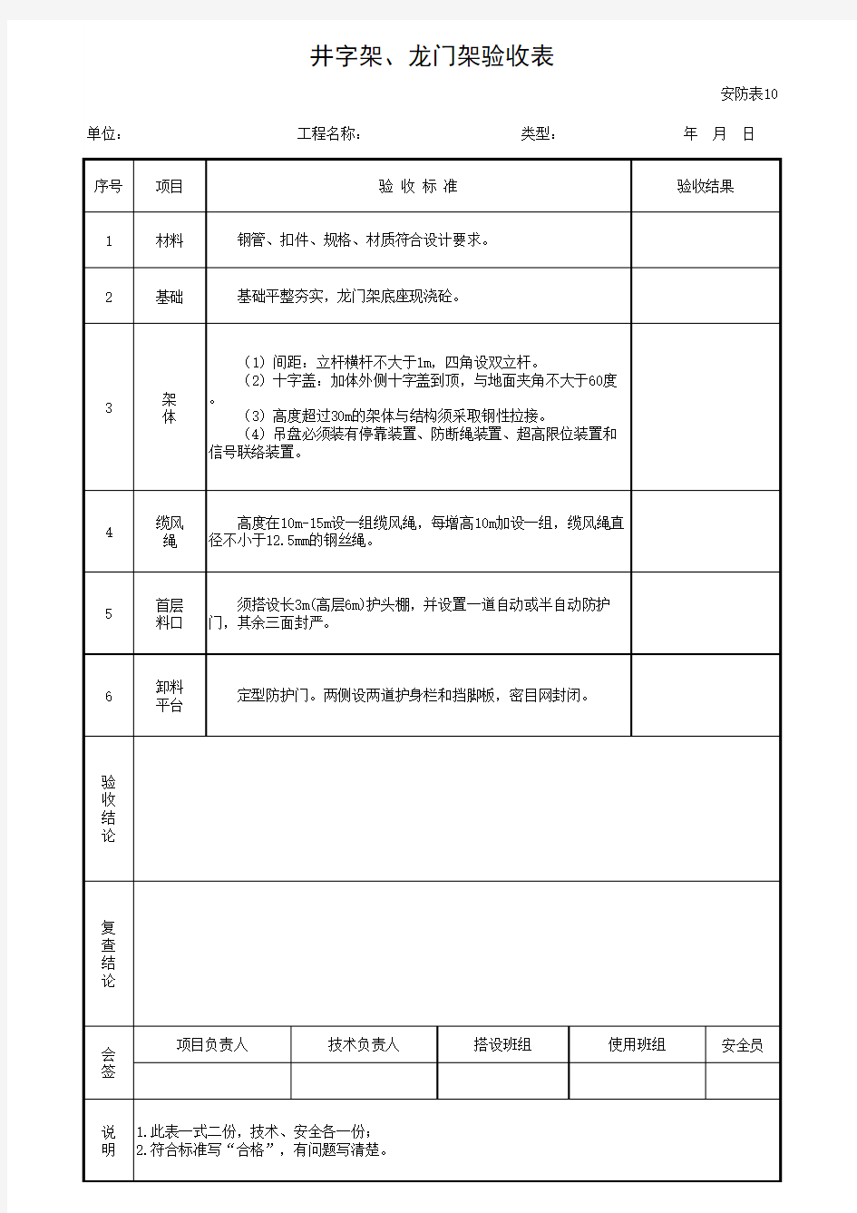 施工井字架、龙门架验收表