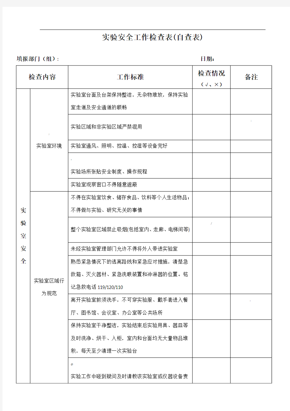 实验室安全工作检查表