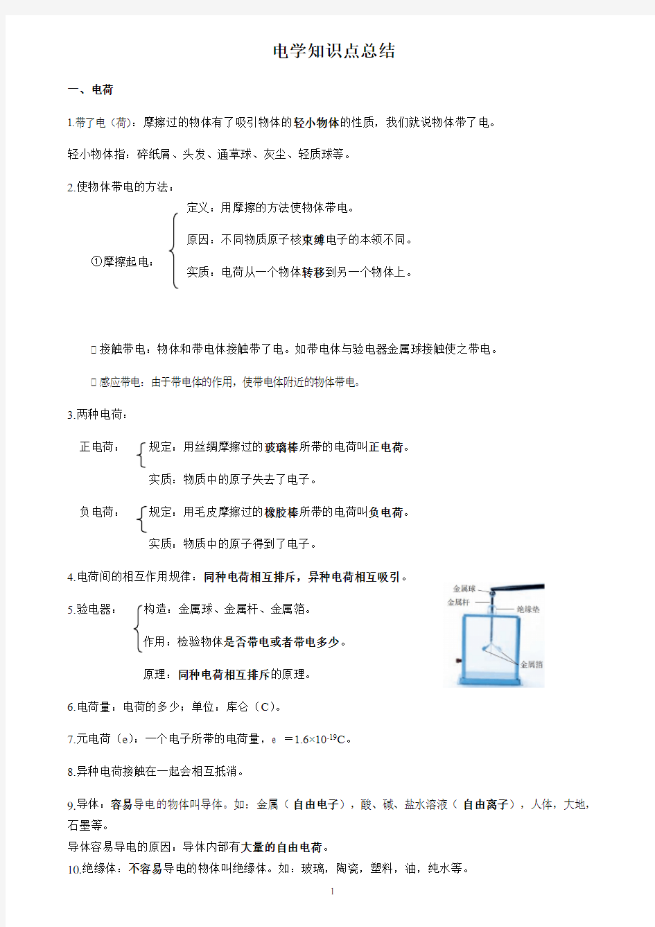 人教版九年级物理电学知识点总结