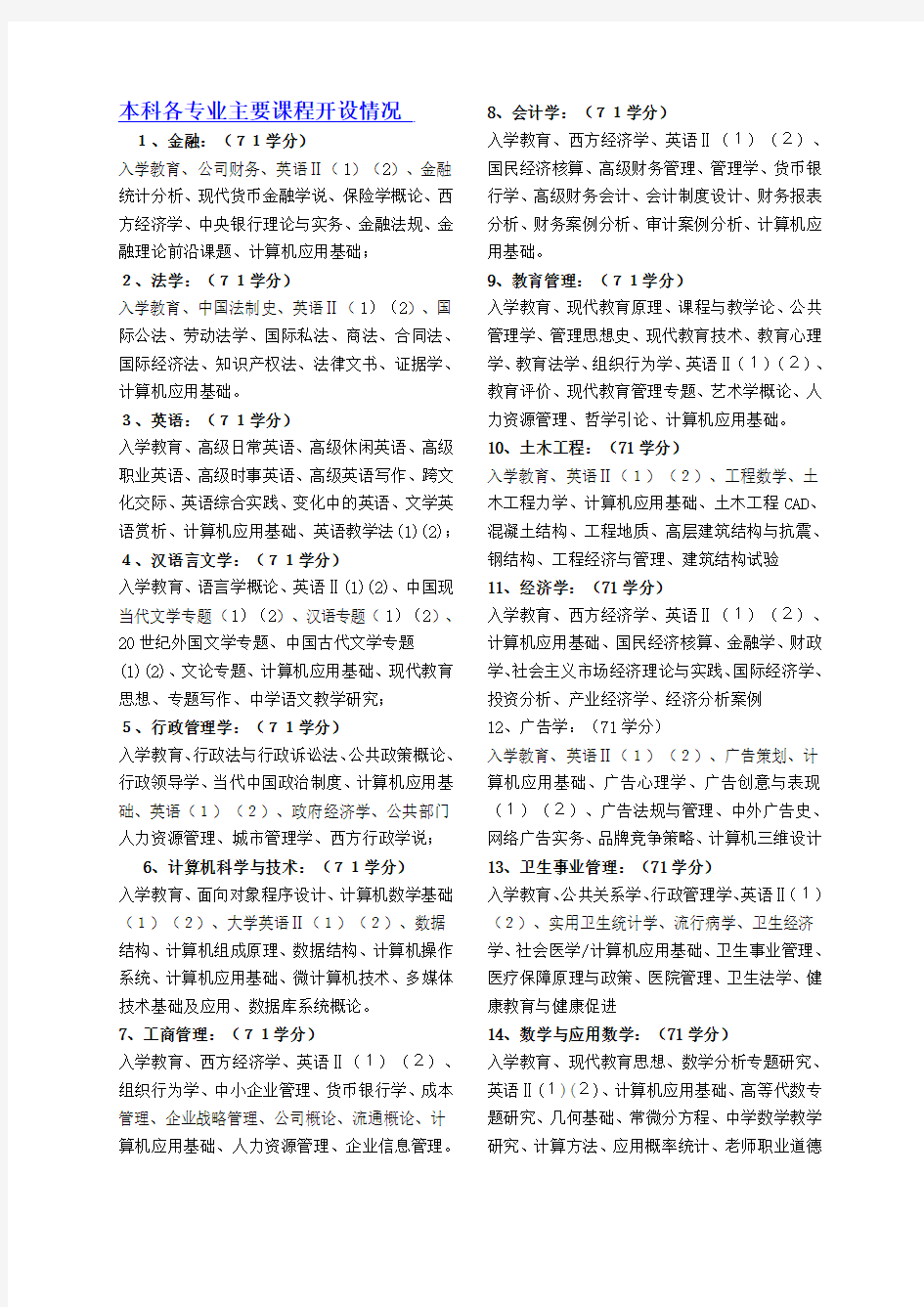 本科各专业主要课程开设情况(精)