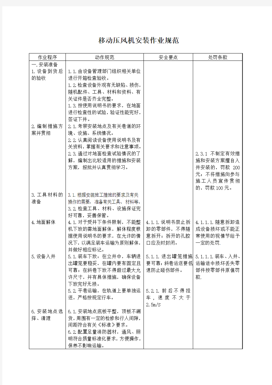 移动压风机安装作业规范