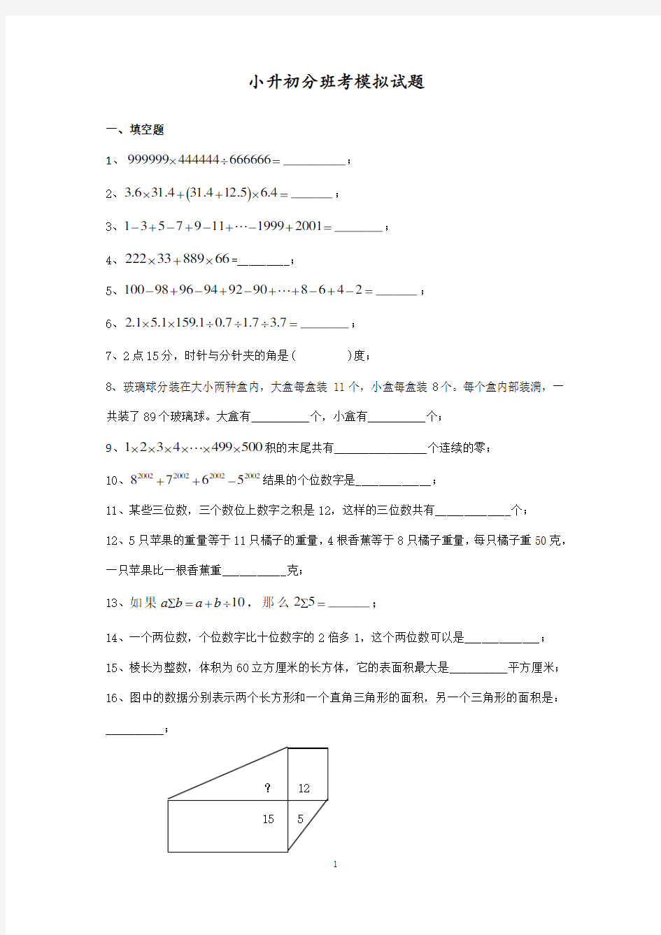 (2020年整理)上海小升初分班考模拟试题.doc