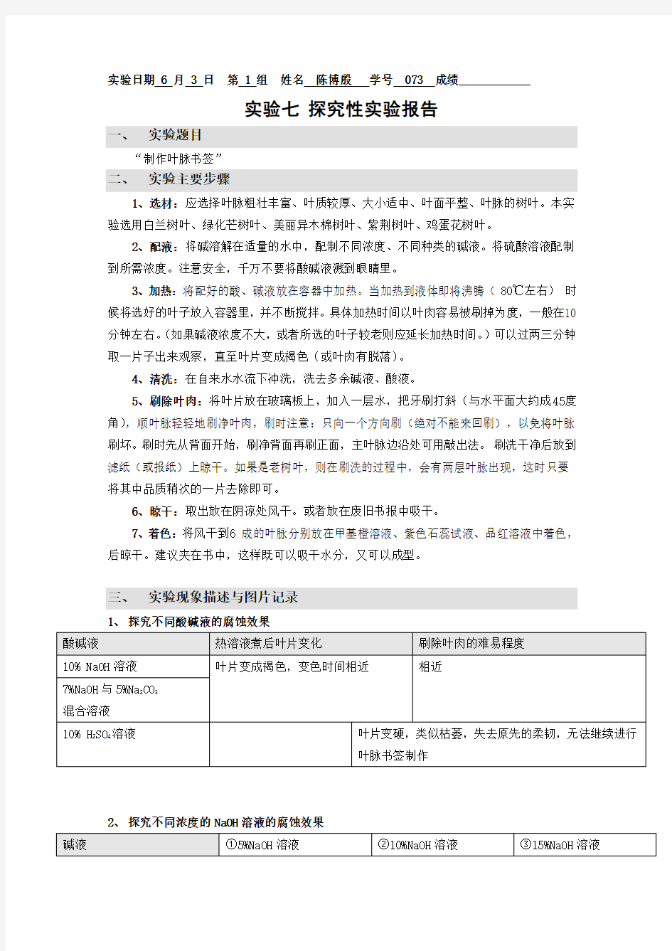 实验七探究性实验报告—叶脉书签