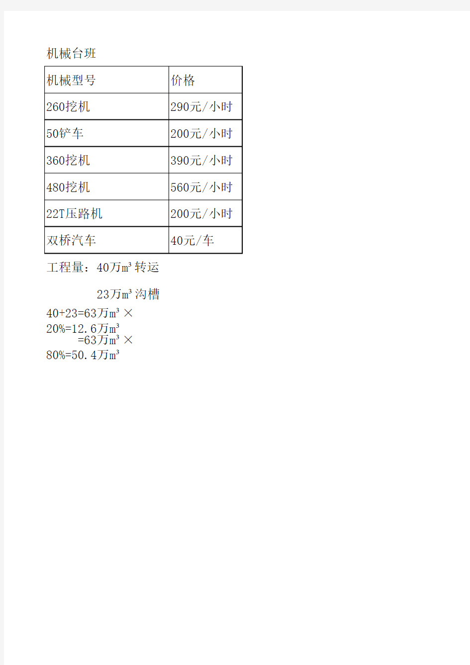 机械台班价格表