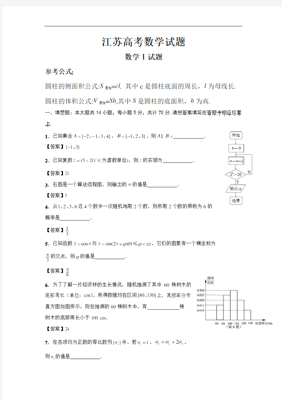 全国高考江苏省数学试卷及答案【精校版】