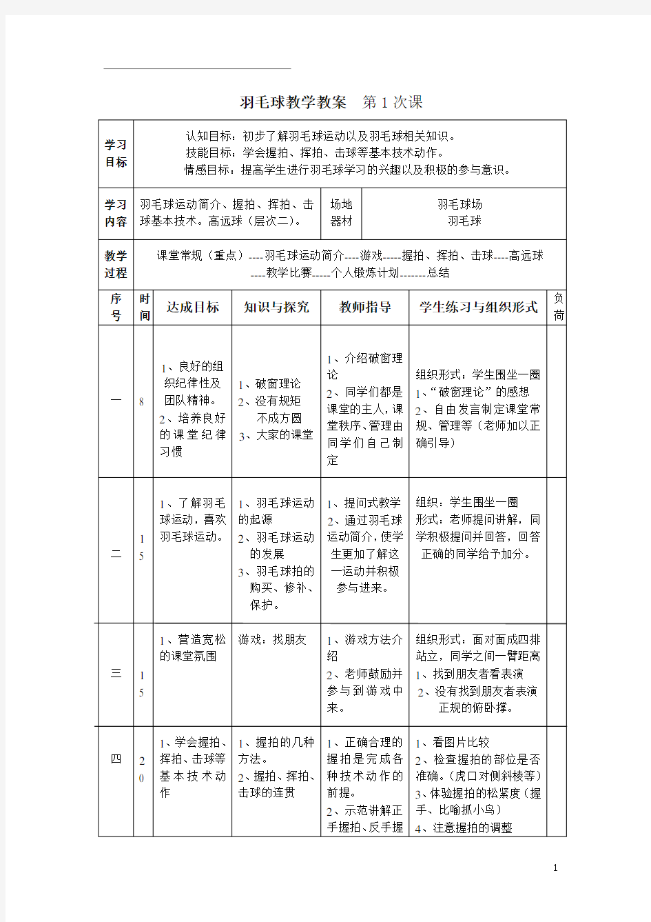 羽毛球教学教案