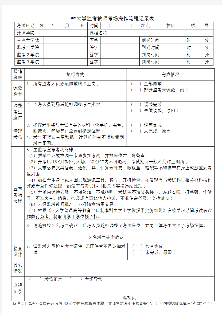 河北科技大学监考教师考场操作流程记录表【模板】