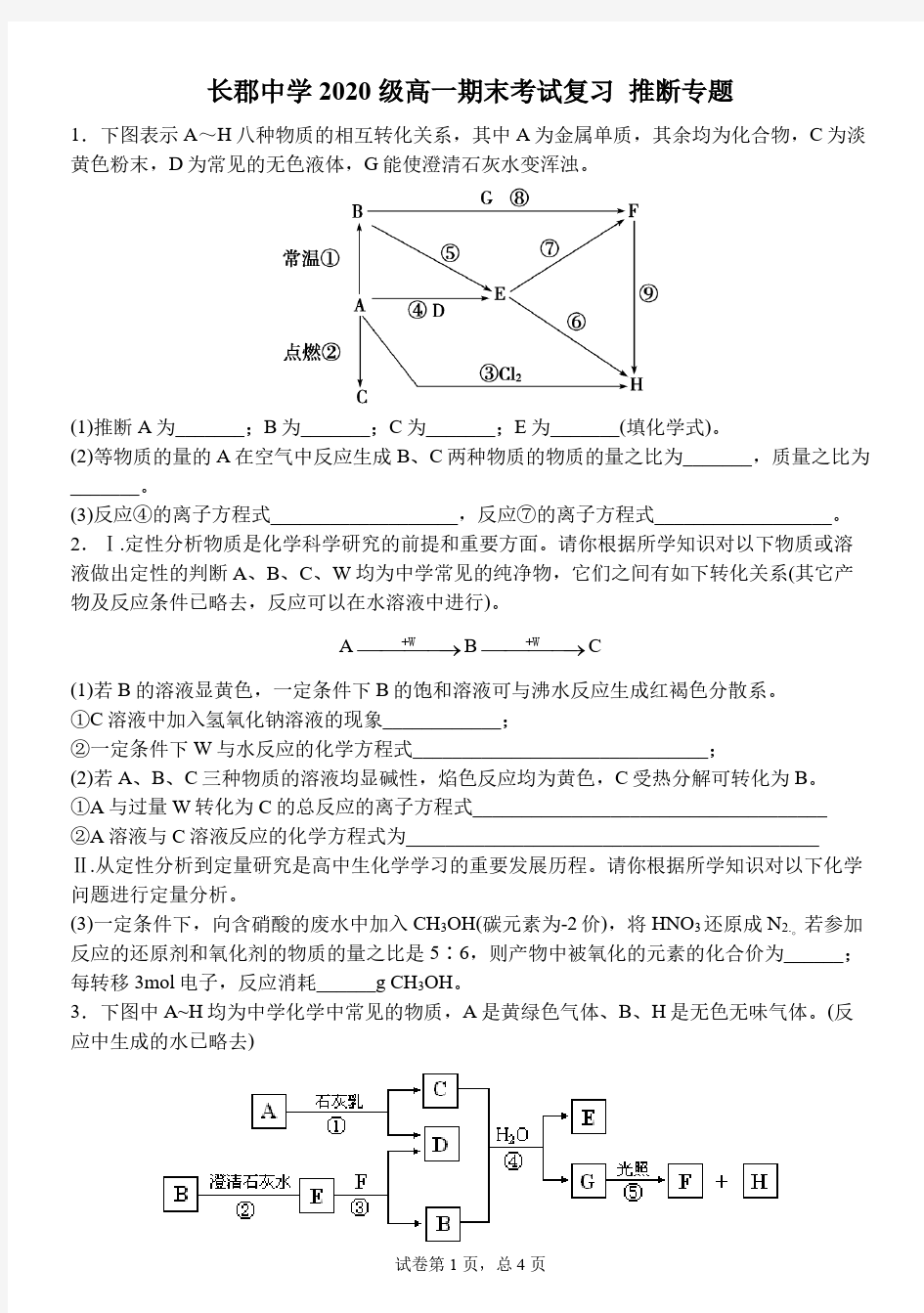 湖南省长郡中学2020-2021学年度上学期高一化学《期末考试复习 推断专题》