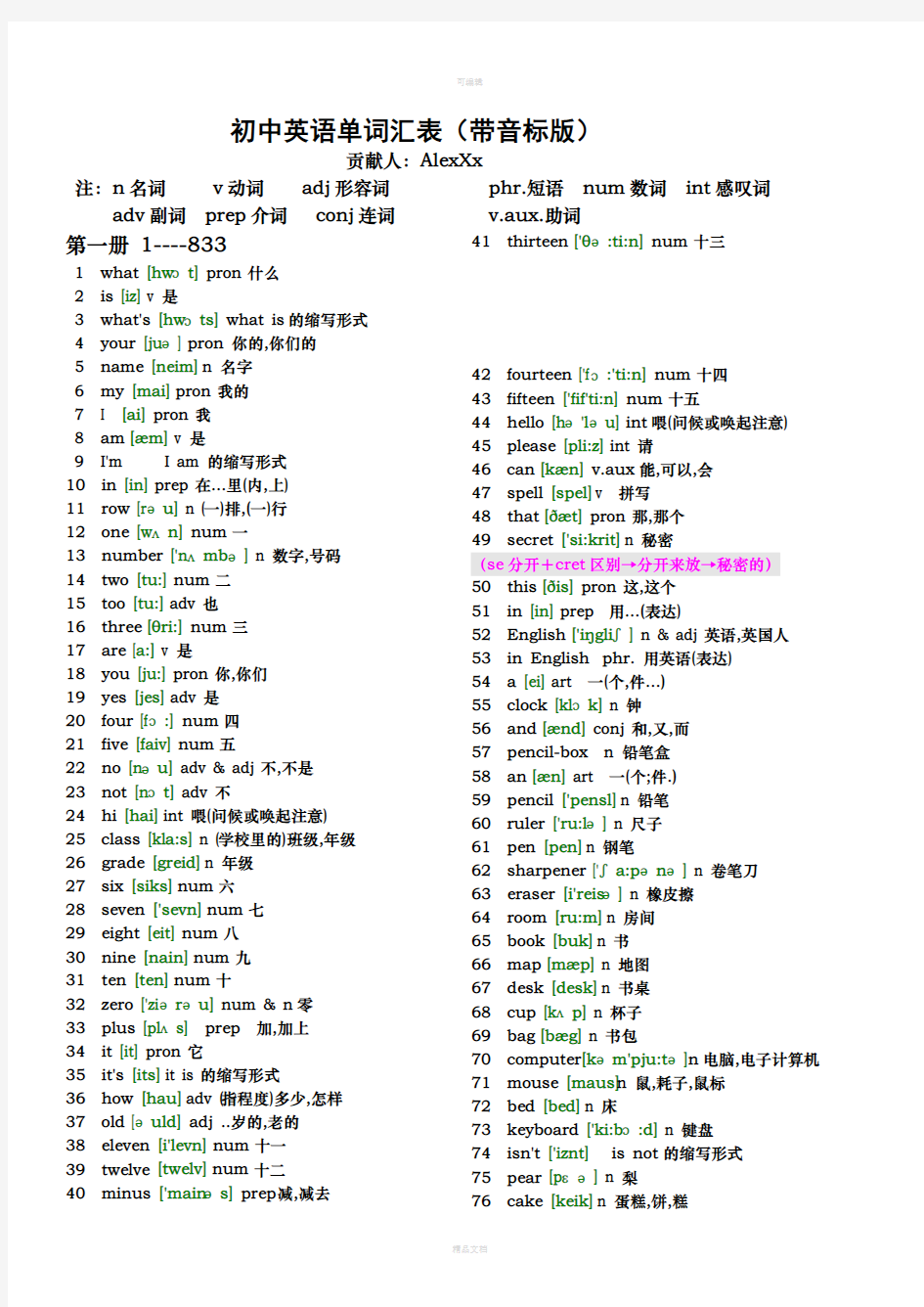 人教版初中英语单词汇总表(带音标)