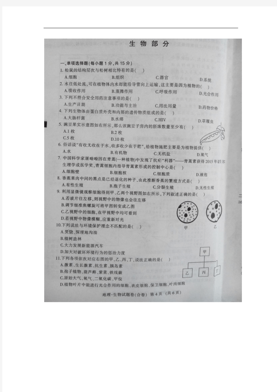 江西省2016年中考生物试题(图片版,含答案)