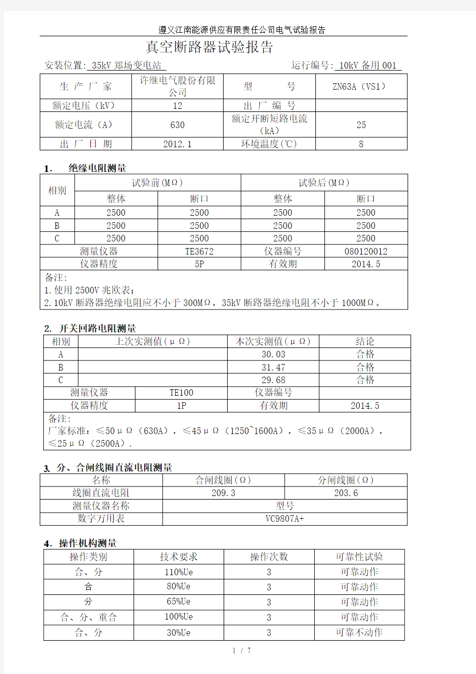 10kV真空断路器电气试验报告