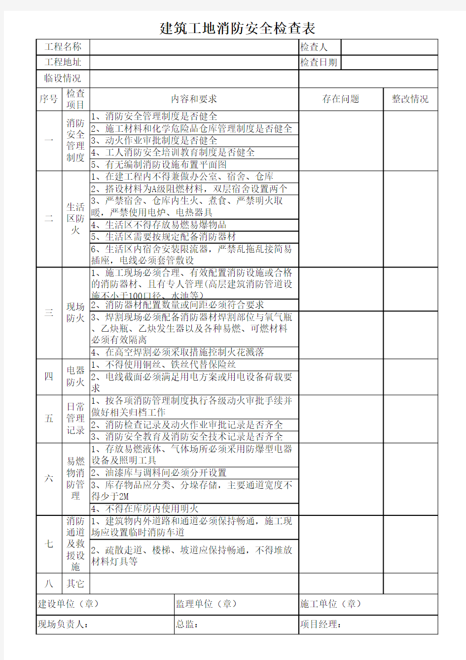 建筑工地消防安全检查表