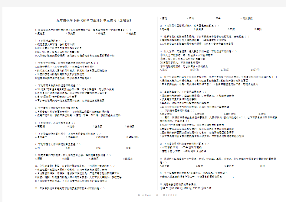 九年级化学下册《化学与生活》单元练习(含答案)