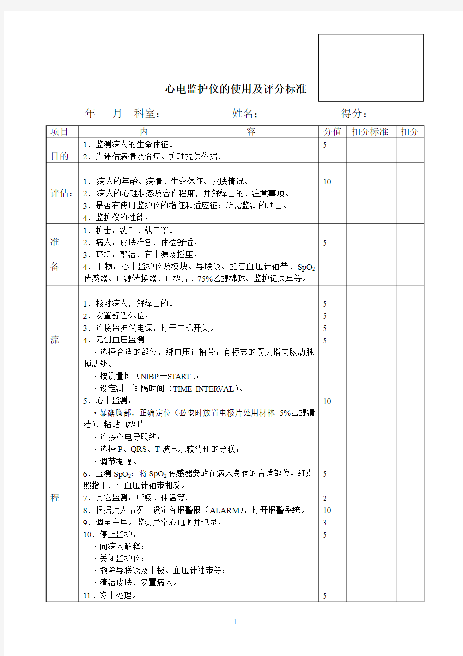 心电监护仪的使用及评分标准