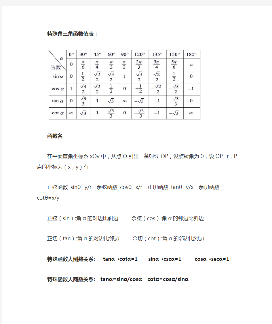 特殊角三角函数值表