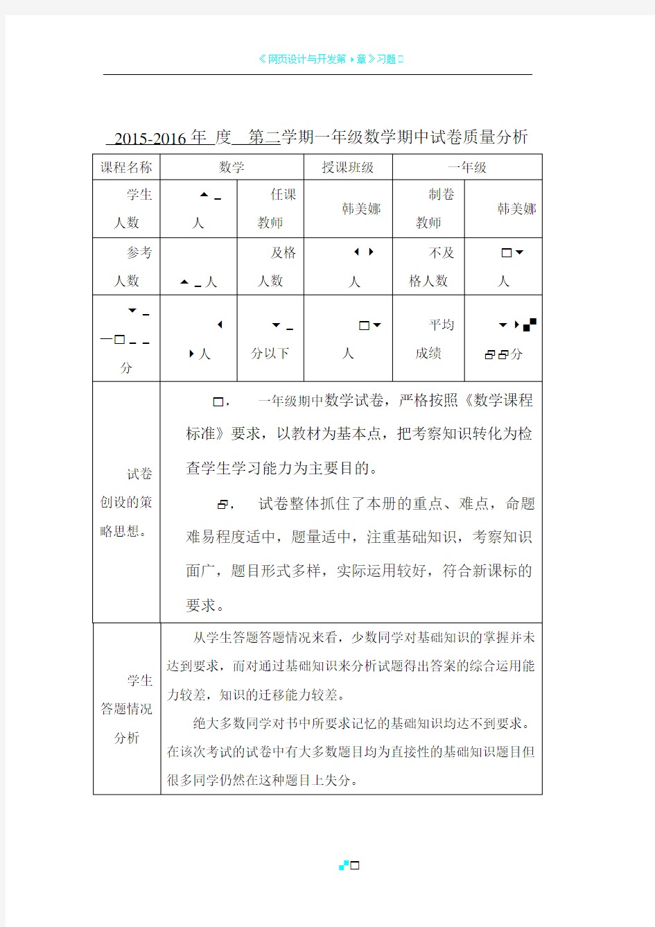 考试试卷质量分析表