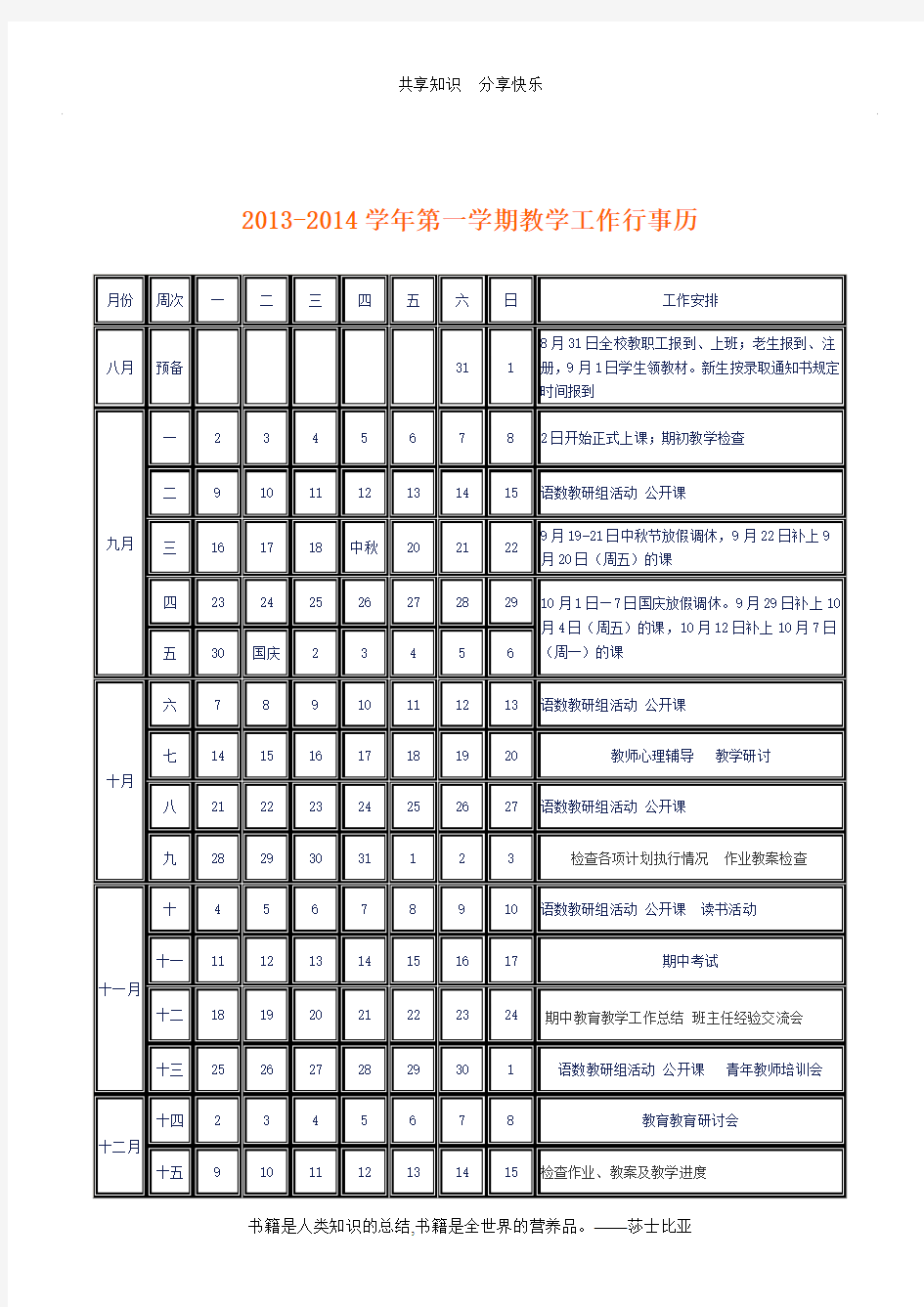 2013-2014学年度小学教学工作行事历