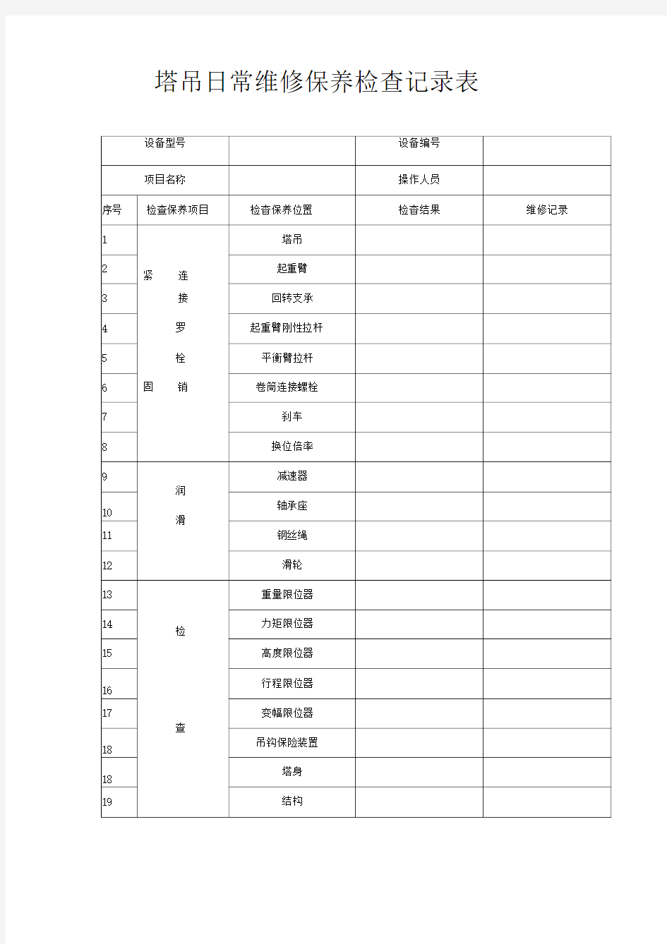 塔吊日常维修保养检查记录表