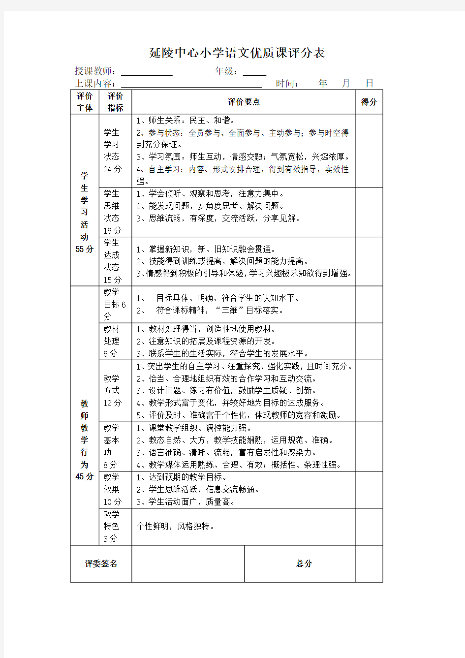 小学语文优质课评分表