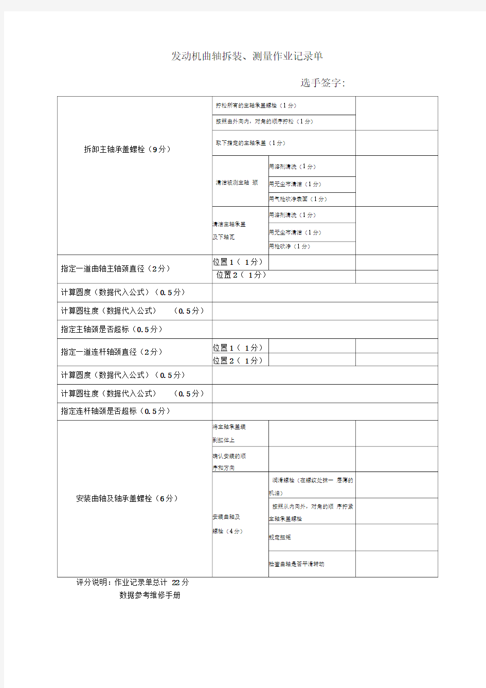 发动机曲轴拆装与检测作业表和评分表