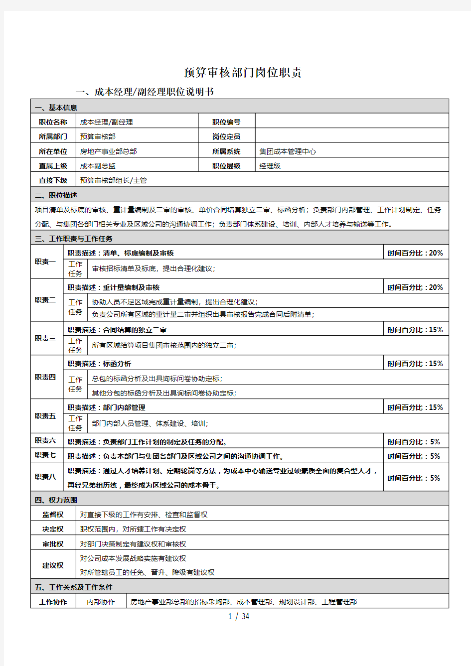 成本管理中心岗位职责概述