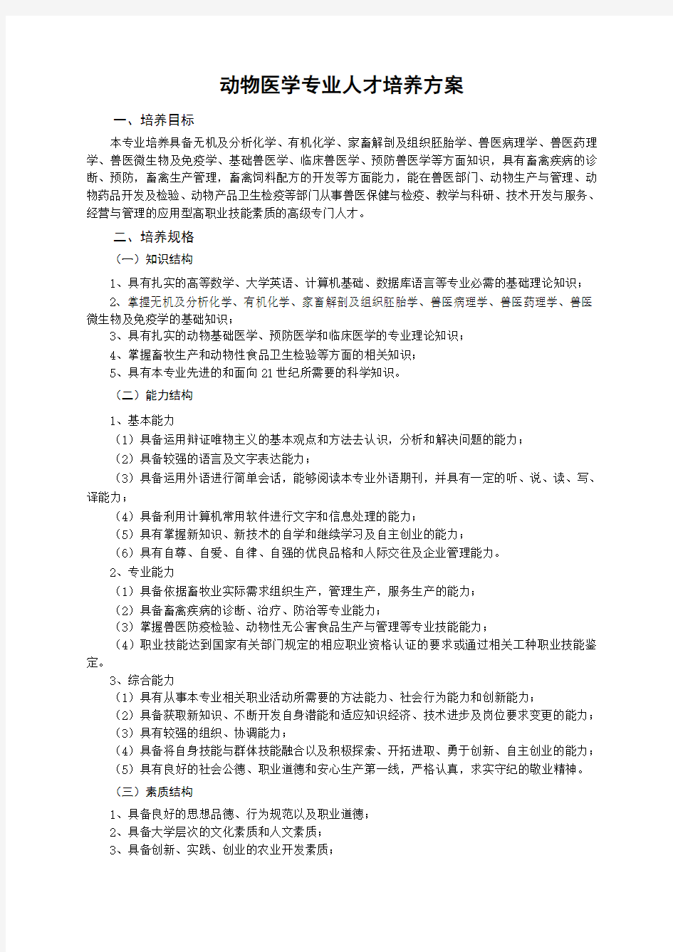 动物医学专业人才培养方案