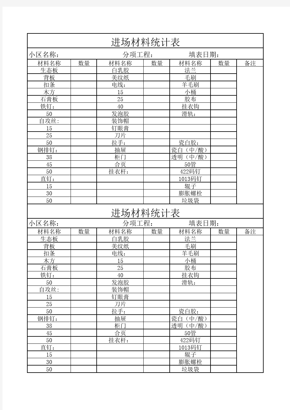 进场材料数量统计表