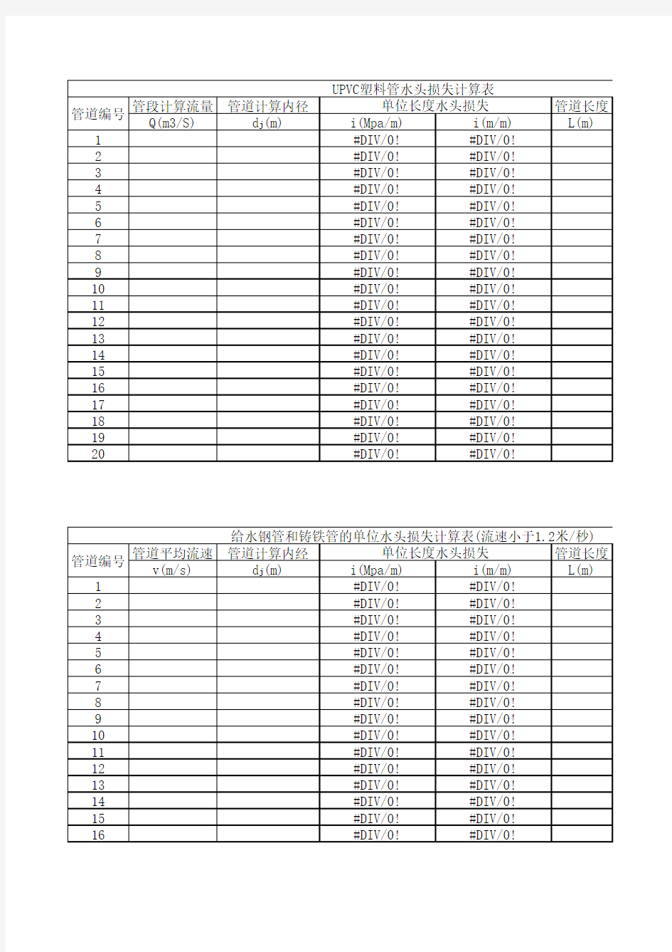水头损失计算表参考