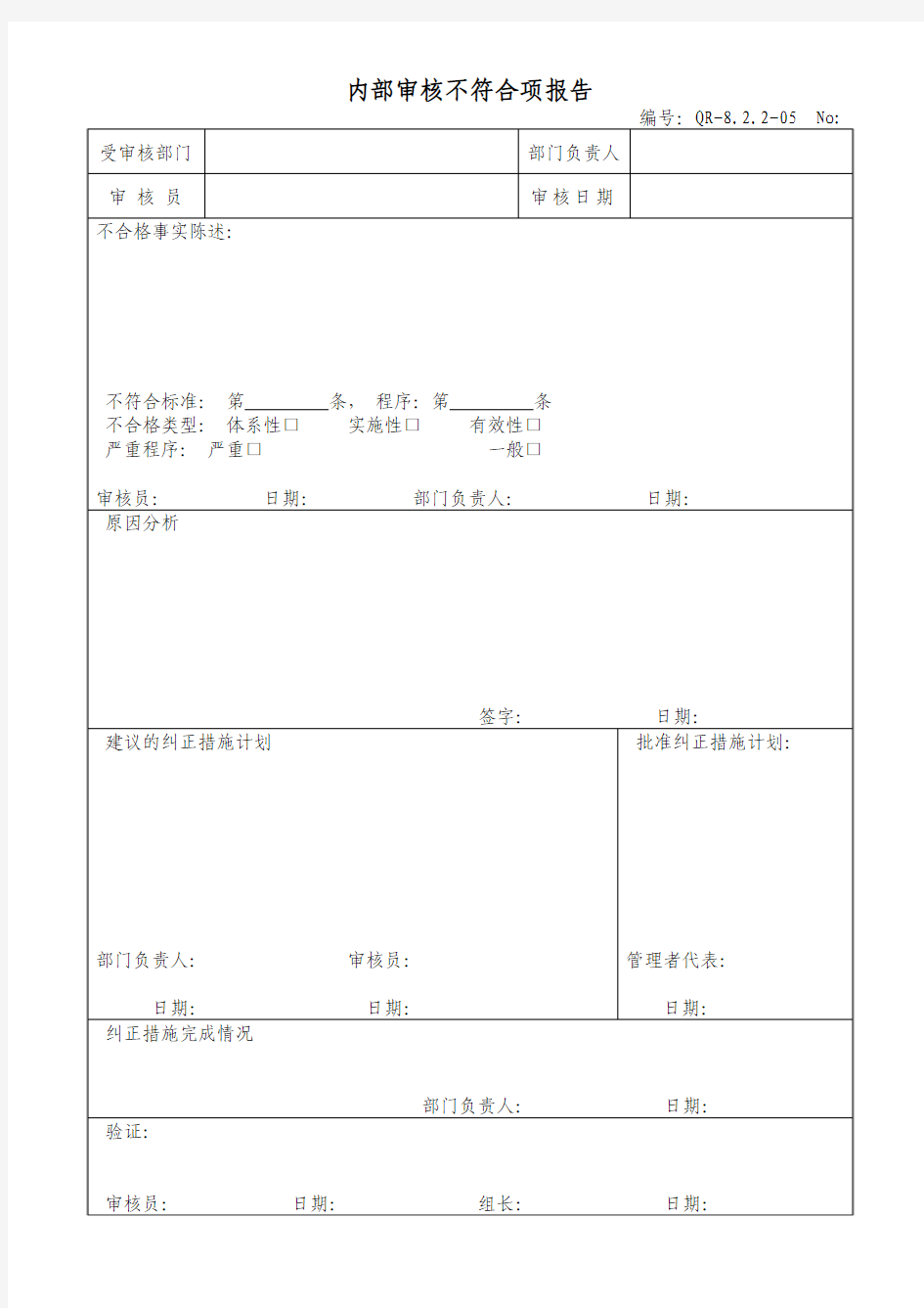 822 内部审核不符合项报告