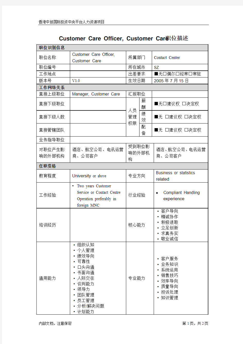 职位描述-Customer Care Officer, Customer Care