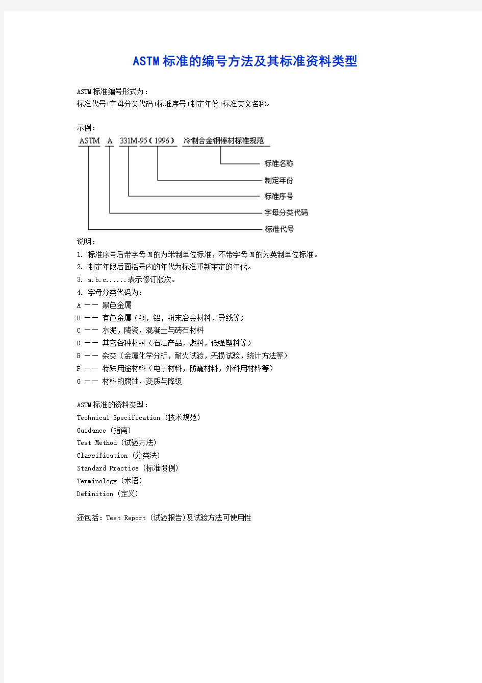 ASTM标准的编号方法及其标准资料类型