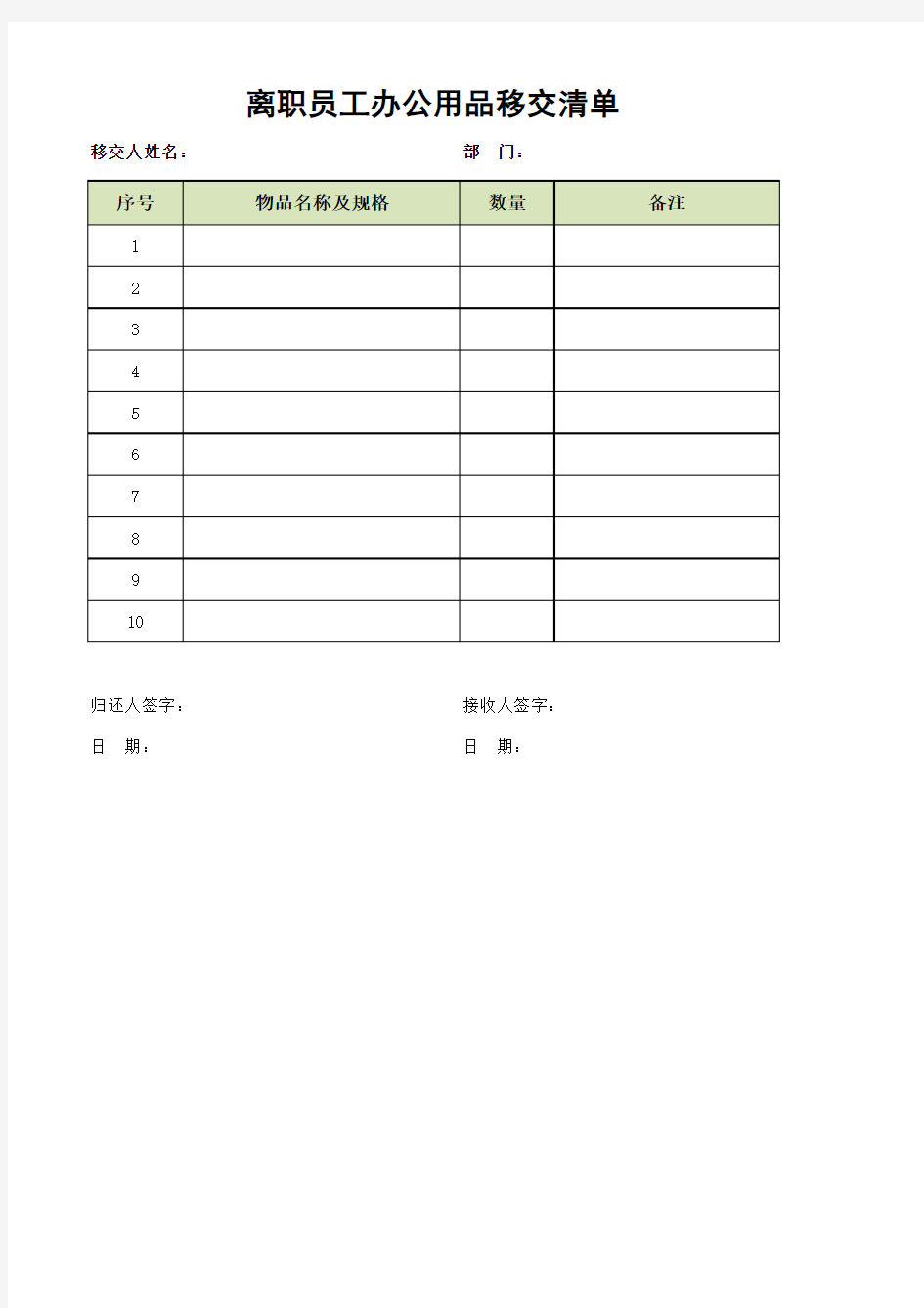 离职员工办公用品移交清单