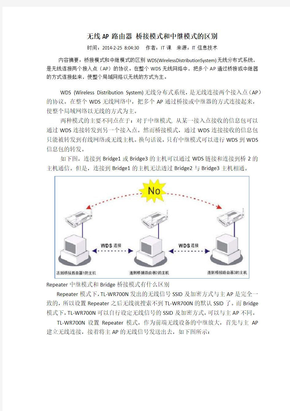 无线AP路由器 桥接模式和中继模式的区别