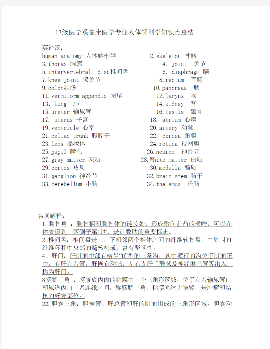 13级天津医科大学临床医学院人体解剖学知识点总结