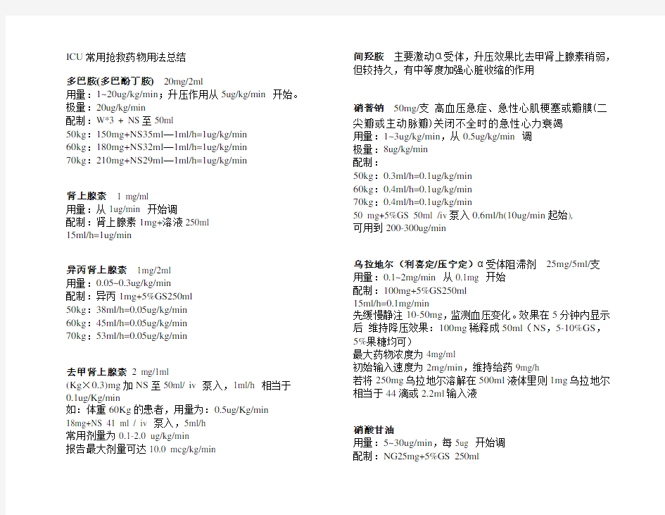 ICU常用抢救药物用法总结