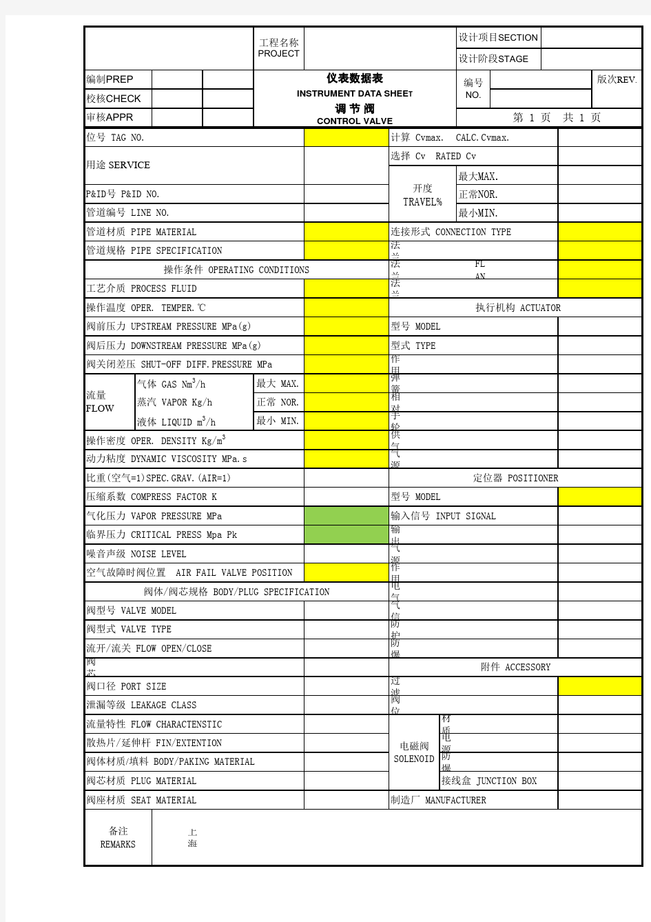 费希尔FISHER控制阀选型参数表