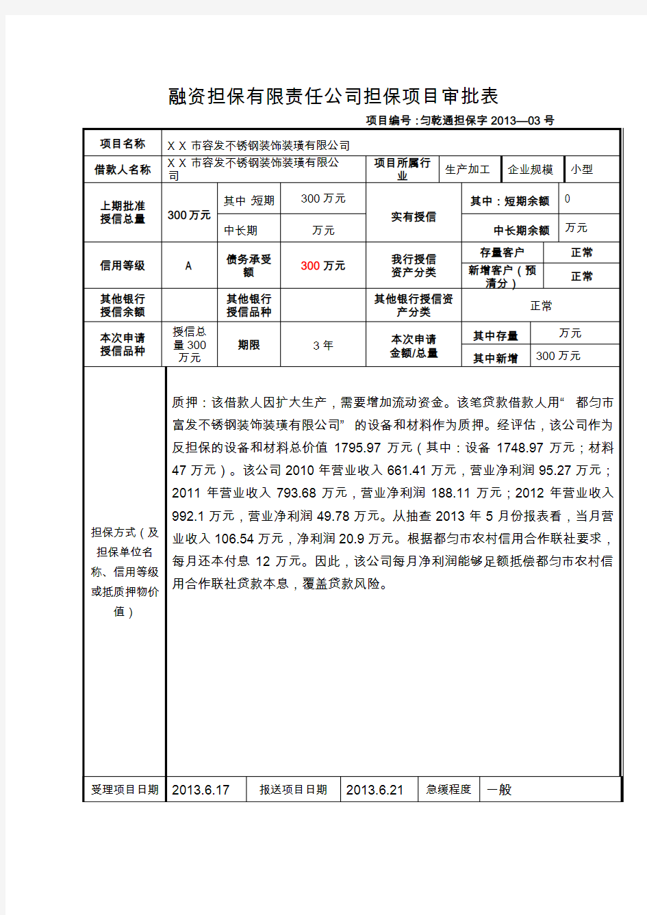 融资担保有限责任公司担保项目审批表