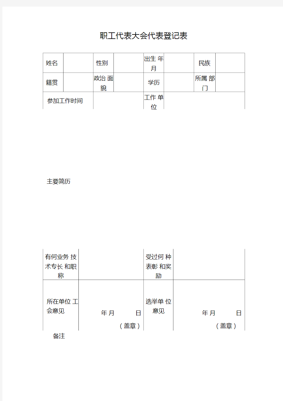 职工代表大会代表登记表(格式)