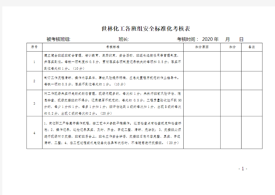 各班组安全生产标准化考核表