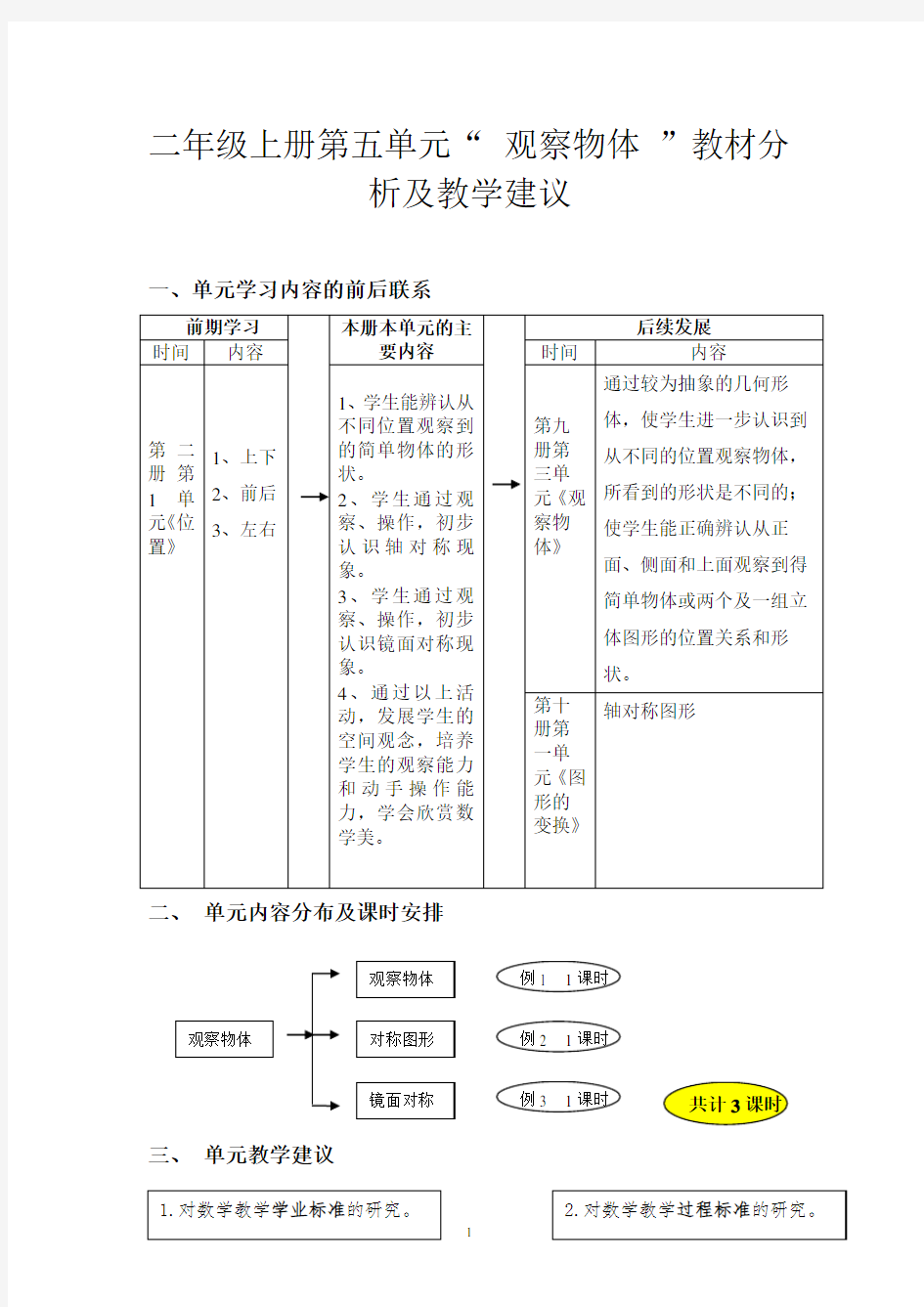 二年级上册第五单元“ 观察物体 ”教材分析及教学建议