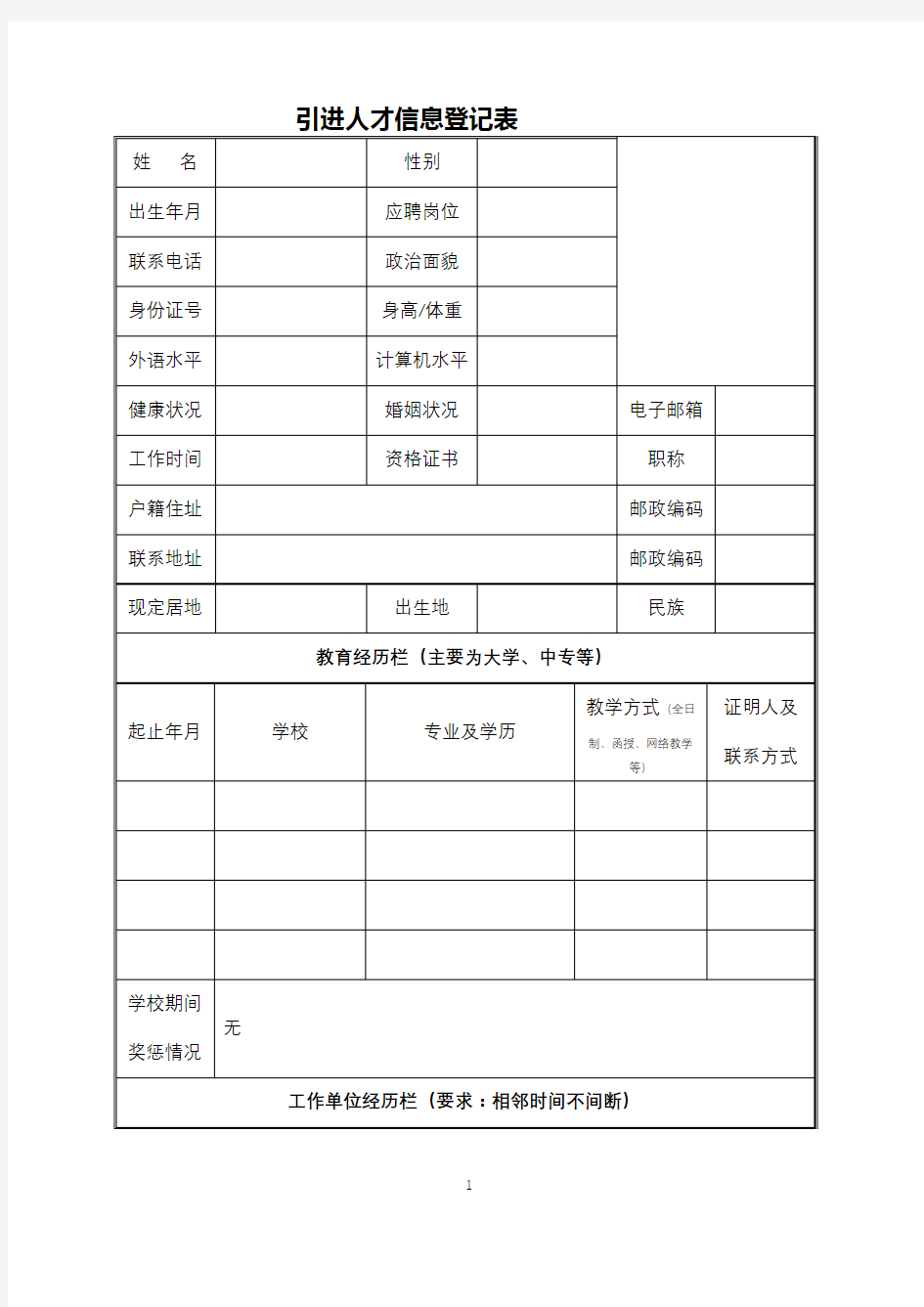 引进人才信息登记表【模板】