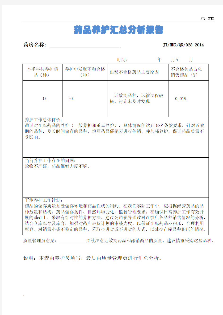 药品养护汇总分析报告