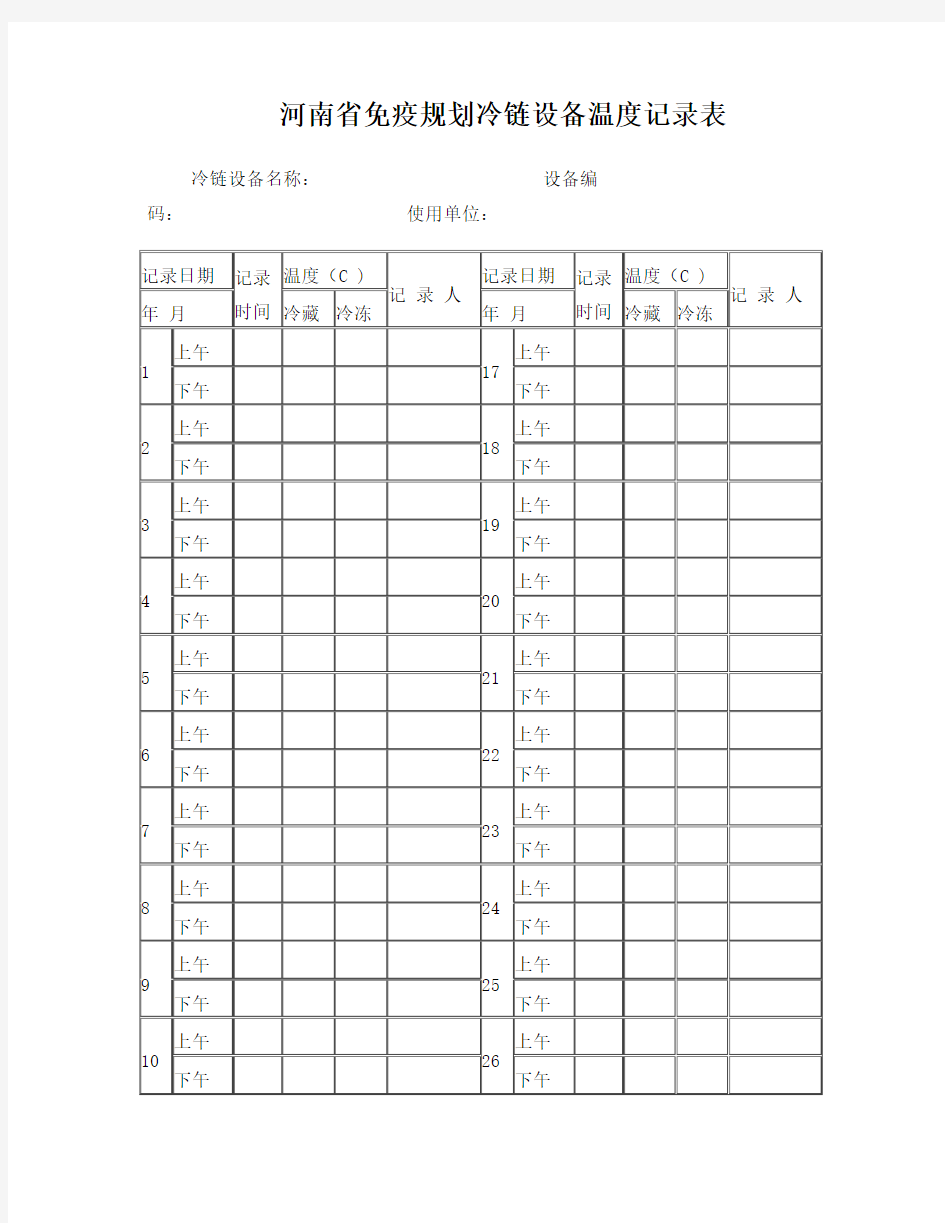 河南省免疫规划冷链设备温度记录表