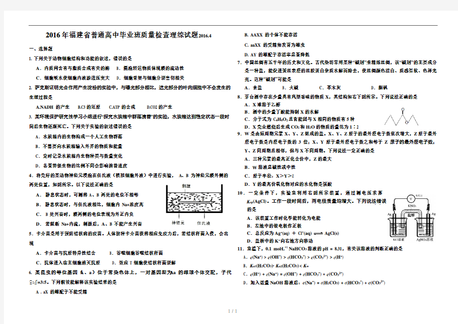 2016年福建省普通高中毕业班质量检查理综试题